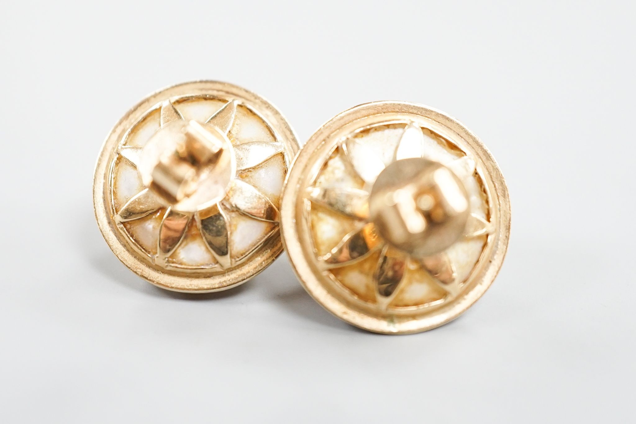 A pair of yellow metal and mabe pearl earrings, 2mm, gross weight 13.3 grams.